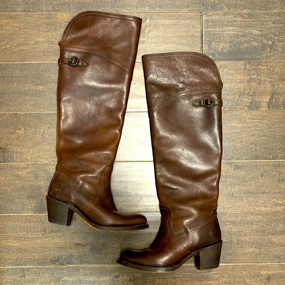Frye Jane Cuff Knee High Brown Leather Boots